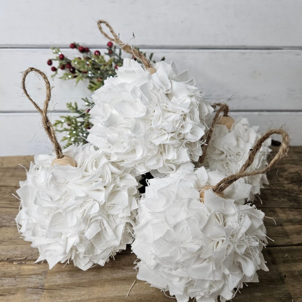 Hand Made Rustic White Ornament Farmhouse Rag Cloth set of 4